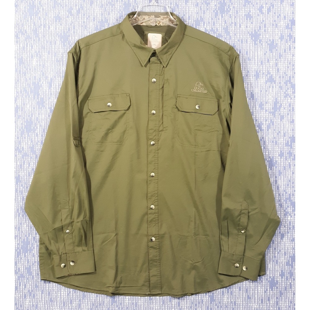 Ducks Unlimited Button Up Long Sleeve Shirt Mens Size 2XL Hunting Vented Green